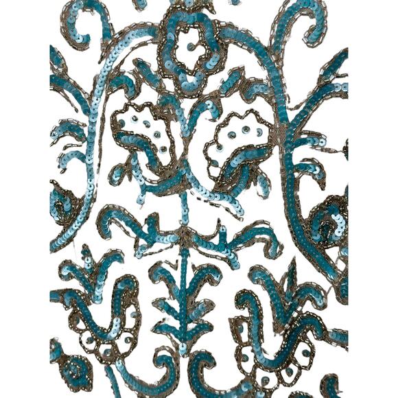 Aidan Matton Sheer Illusion Teal Sequin Gold Beaded Sleeveless Dress Womens Sz 2 - Picture 11 of 13